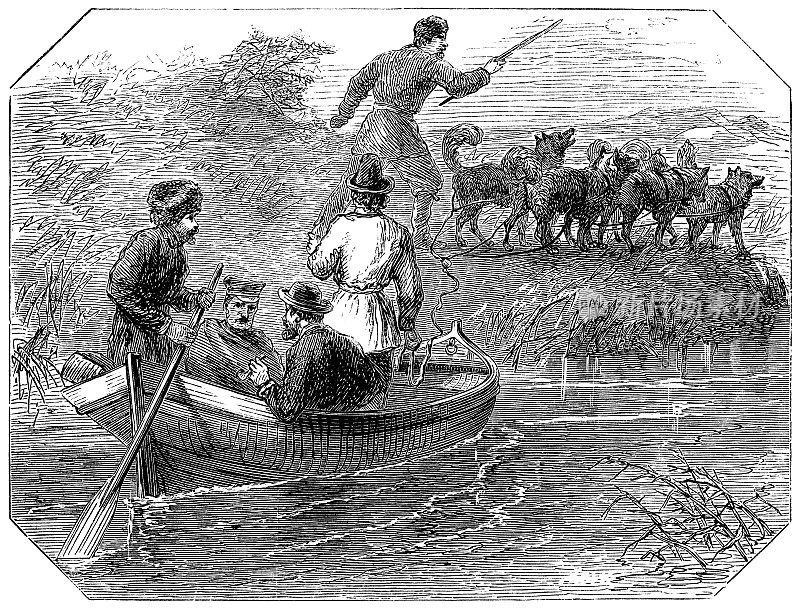 楚科特卡雪橇狗拉着楚科特卡半岛上的船，俄罗斯- 19世纪